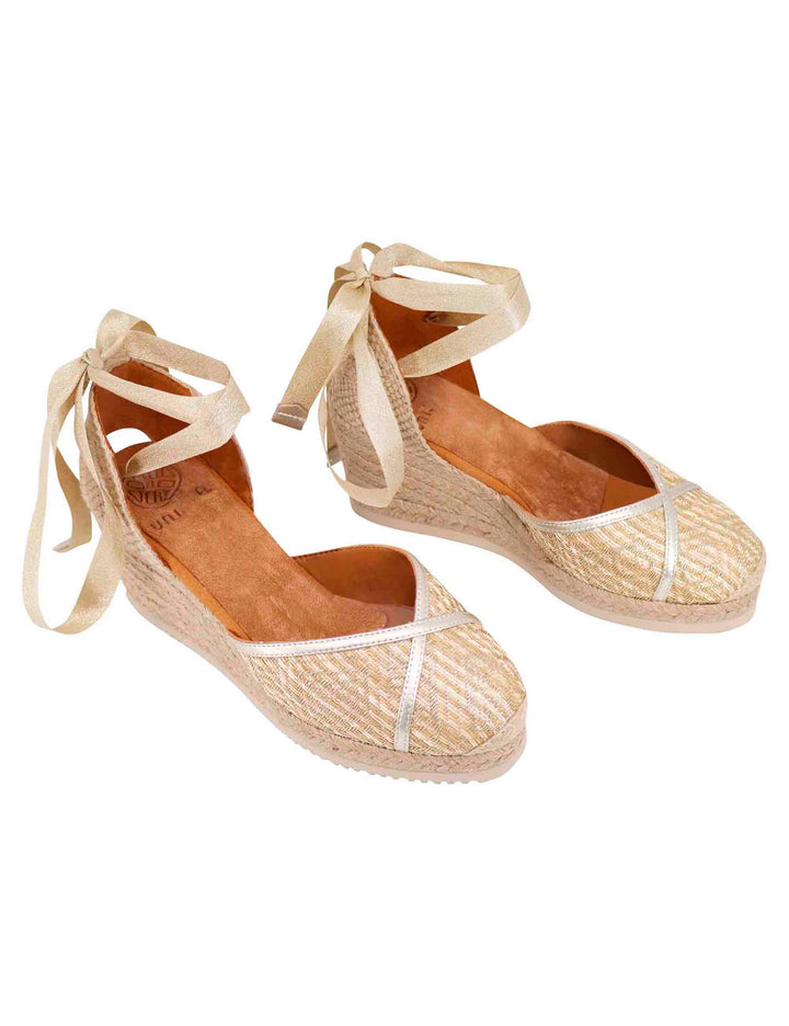 Spatarella Sandali espadrillas donna in tessuto oro e platino con zeppa in corda Vendite Flash