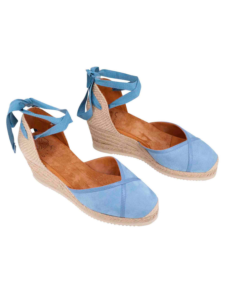 Spatarella Sandali espadrillas donna in camoscio celeste con zeppa in corda Nuova