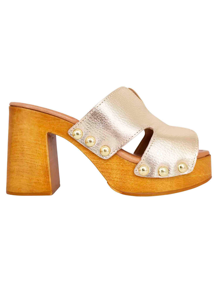 Spatarella Sandali zoccoli donna in pelle platino con fibbie oro e tacco alto 2025