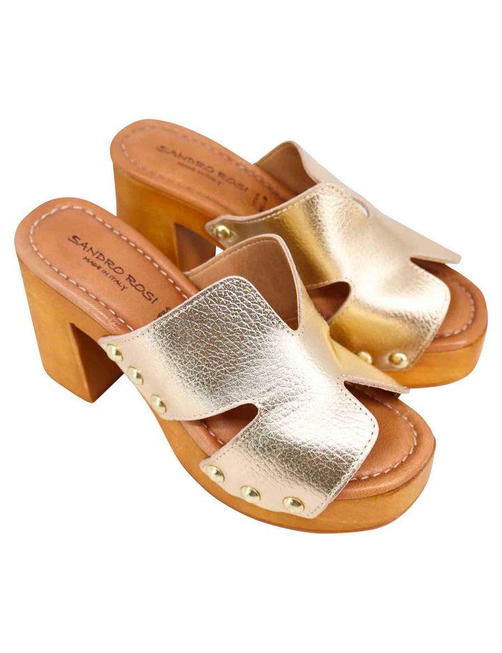 Spatarella Sandali zoccoli donna in pelle platino con fibbie oro e tacco alto 2025