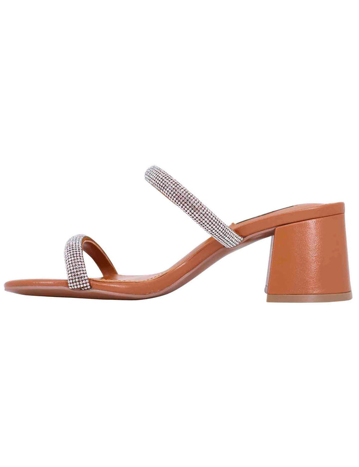 Spatarella Sandali donna in pelle cuoio con fascette in strass e punta tonda Heather In Linea