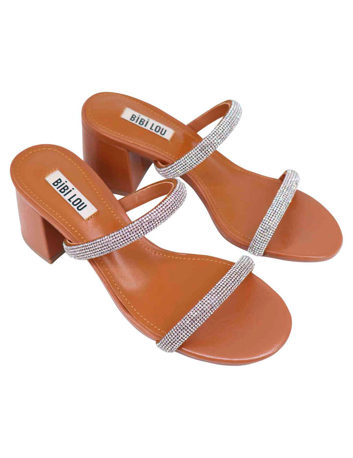 Spatarella Sandali donna in pelle cuoio con fascette in strass e punta tonda Heather In Linea