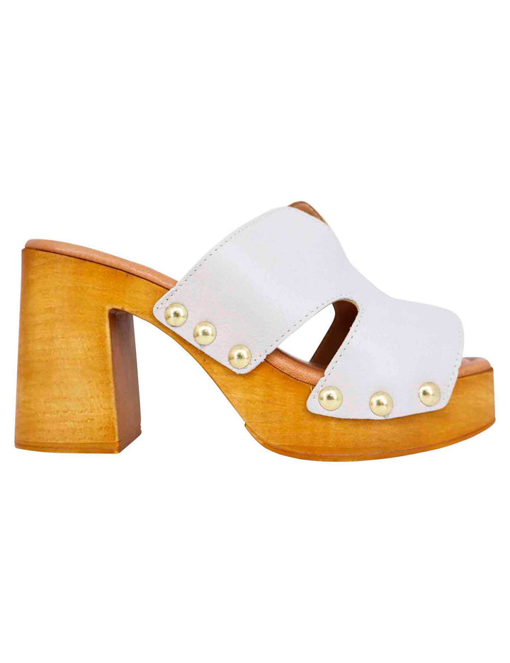 Spatarella Sandali zoccoli donna in pelle bianca con fibbie oro e tacco alto Vendita