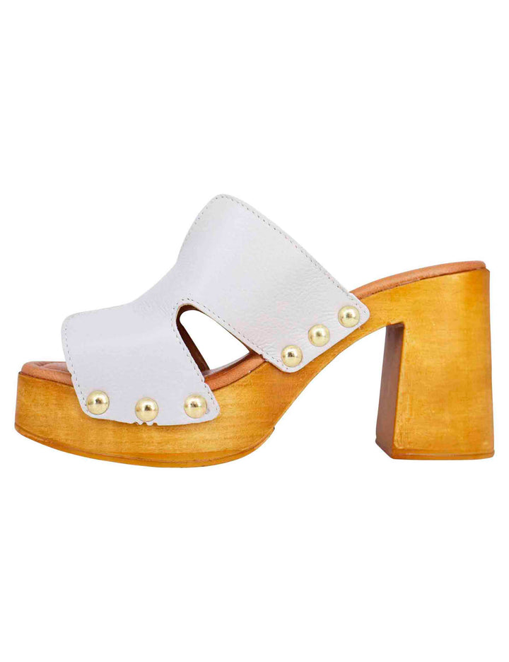 Spatarella Sandali zoccoli donna in pelle bianca con fibbie oro e tacco alto Vendita