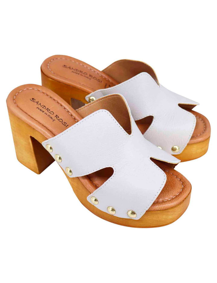 Spatarella Sandali zoccoli donna in pelle bianca con fibbie oro e tacco alto Vendita