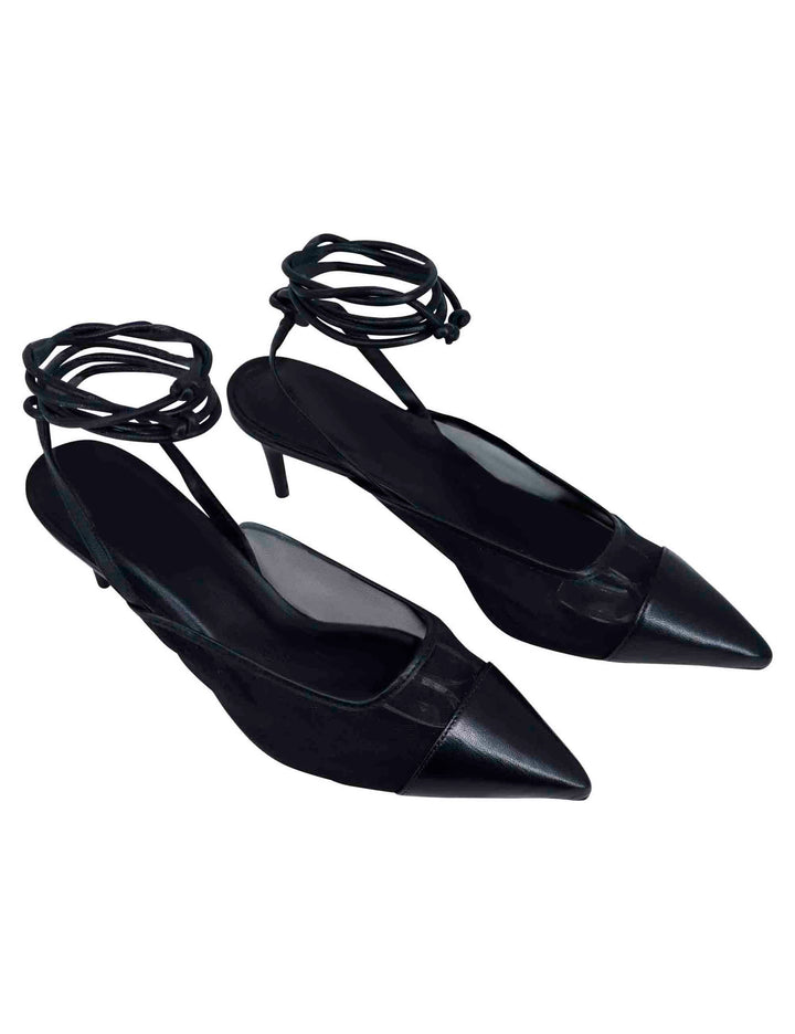 Spatarella Decollete slingback donna in rete e pelle nera con punta a punta e laccetti removibili Soddisfazione Garantita