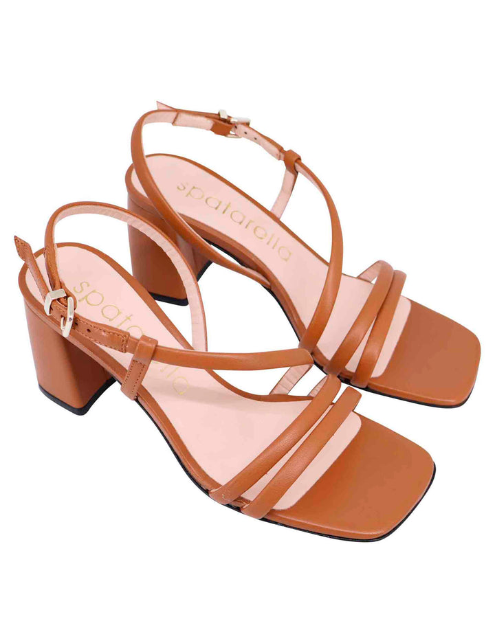 Spatarella Sandali slingback donna in pelle cuoio con tacco grosso e punta quadra Qualità Garantita