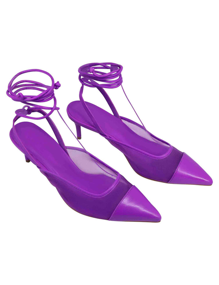 Spatarella Decollete slingback donna in rete e pelle viola con punta a punta e laccetti removibili Consegna Veloce