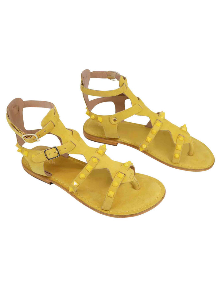 Spatarella Sandali donna gladiatore in camoscio giallo con suola bassa in cuoio Shopping Online