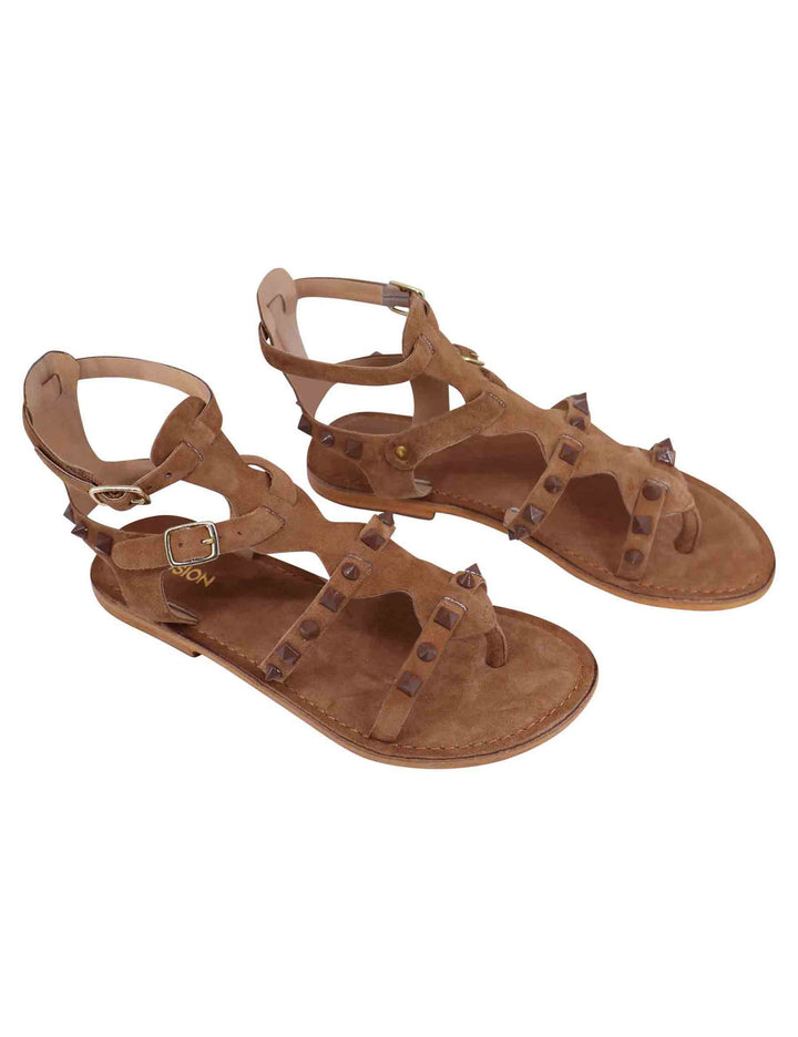 Spatarella Sandali donna gladiatore in camoscio taupe con suola bassa in cuoio Prezzo Ridotto
