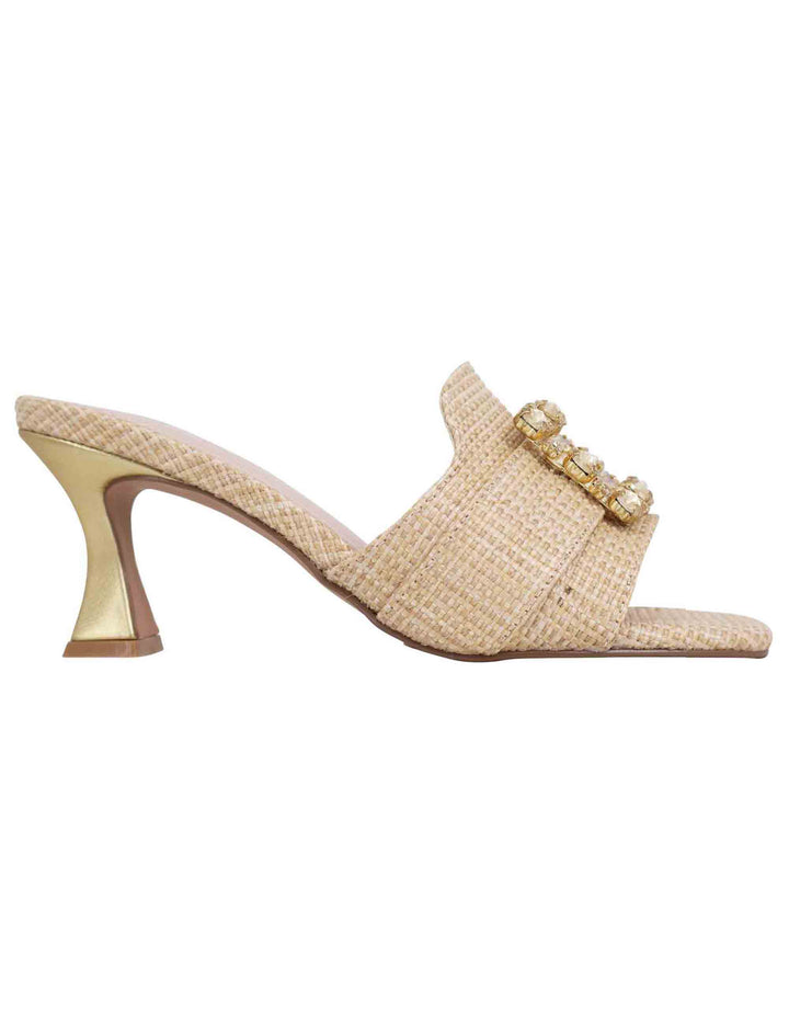 Spatarella Sandali donna in tessuto rafia beige con morsetto e tacco oro Offerta