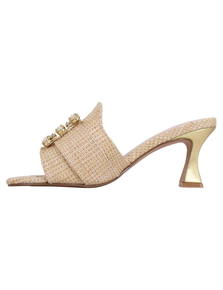Spatarella Sandali donna in tessuto rafia beige con morsetto e tacco oro Offerta