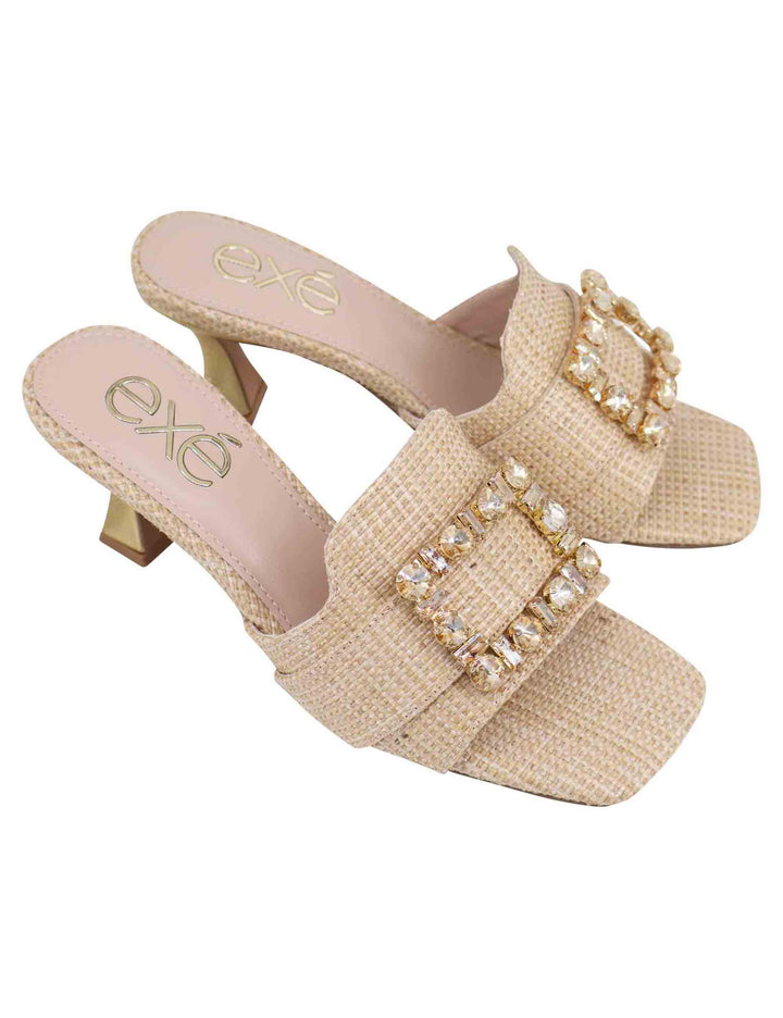 Spatarella Sandali donna in tessuto rafia beige con morsetto e tacco oro Offerta