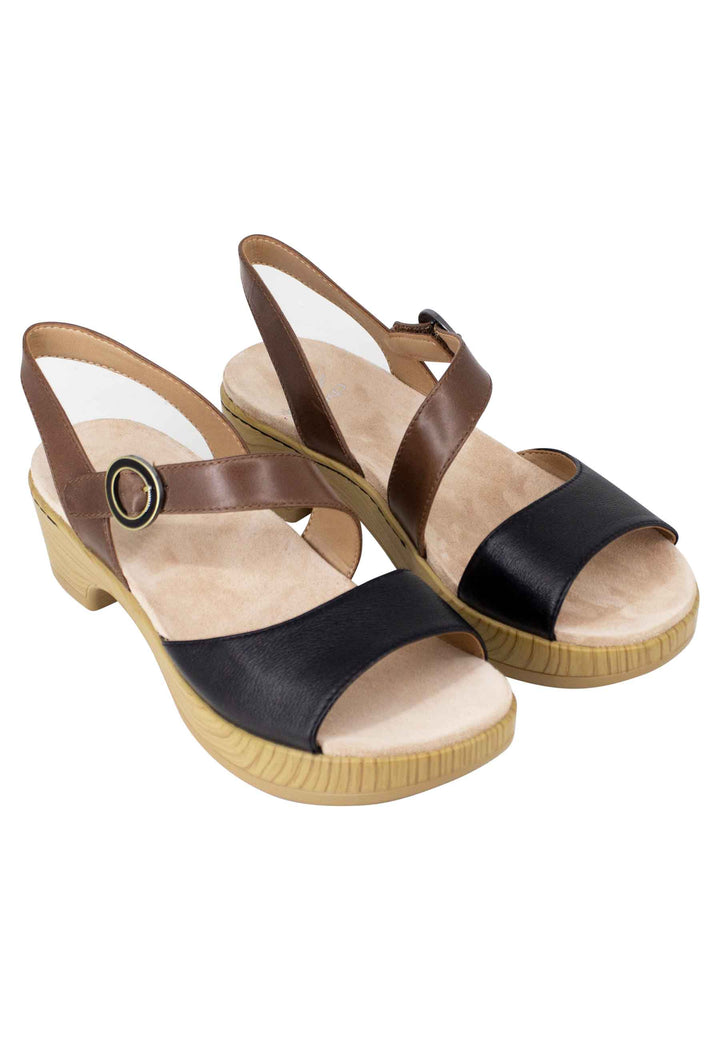 Spatarella Sandali donna in pelle nera e marrone con zeppa e cinturino Nuovo