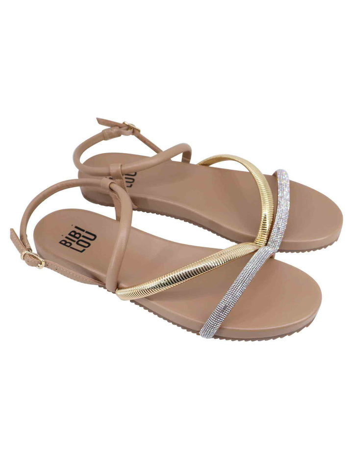Spatarella Sandali flat donna in eco pelle camel con fussbett e cinturino posteriore Brie Promozione Limitata