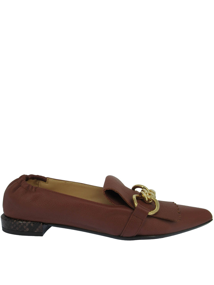 Spatarella Calzature Donna Mocassini In Pelle Cuoio con Frange e Catena Oro Punta a Punta e Tacco Basso Sconto