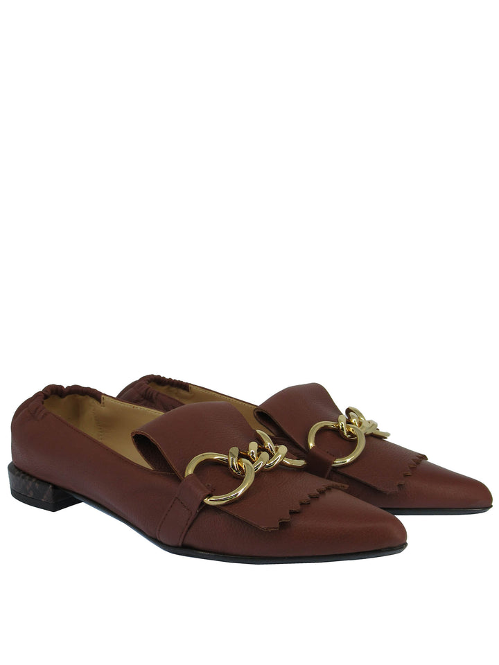 Spatarella Calzature Donna Mocassini In Pelle Cuoio con Frange e Catena Oro Punta a Punta e Tacco Basso Sconto