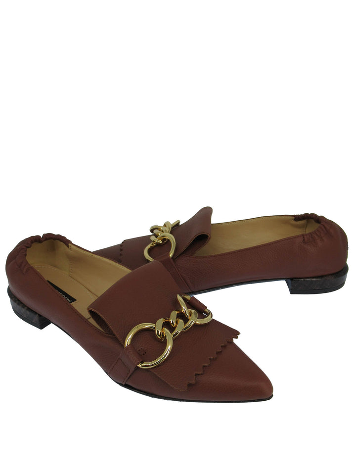 Spatarella Calzature Donna Mocassini In Pelle Cuoio con Frange e Catena Oro Punta a Punta e Tacco Basso Sconto