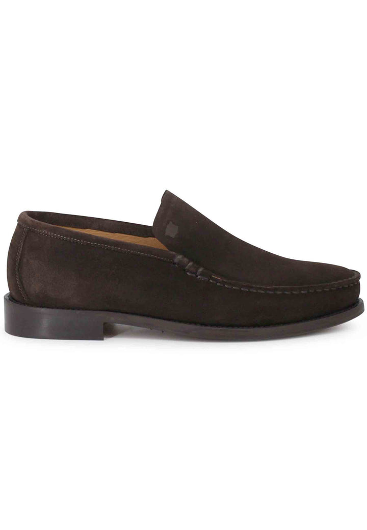 Spatarella Mocassini uomo in camoscio marrone con patta liscia e suola in cuoio cucita Saldi Di Fabbrica