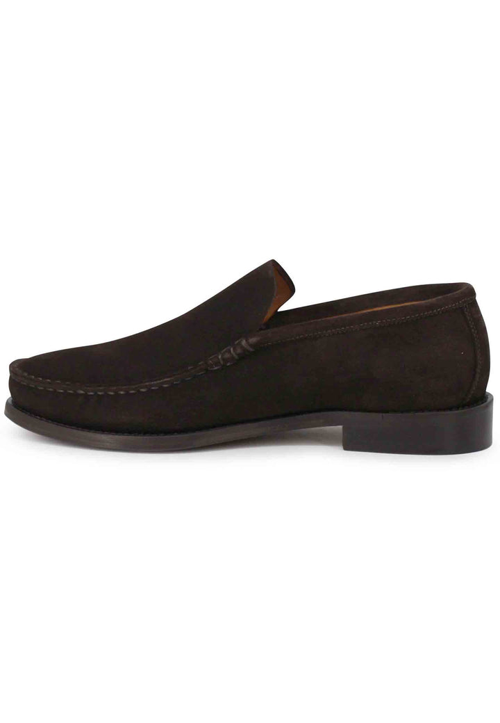 Spatarella Mocassini uomo in camoscio marrone con patta liscia e suola in cuoio cucita Saldi Di Fabbrica