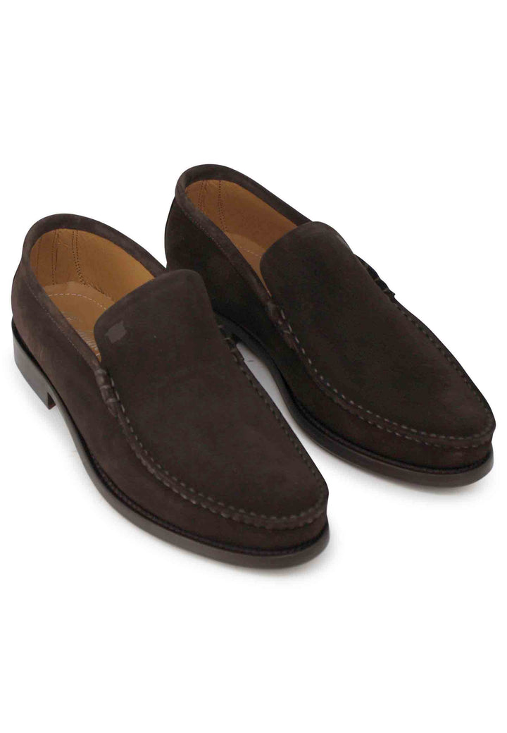 Spatarella Mocassini uomo in camoscio marrone con patta liscia e suola in cuoio cucita Saldi Di Fabbrica