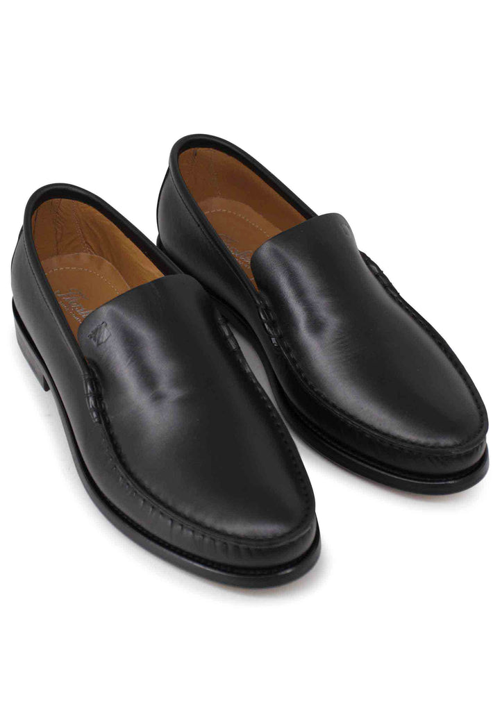 Spatarella Mocassini uomo in pelle nera con patta liscia e suola in cuoio cucita Vendite Flash