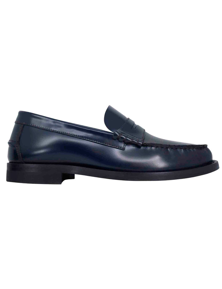 Spatarella Mocassini uomo in pelle blu con suola in cuoio cucita Moda