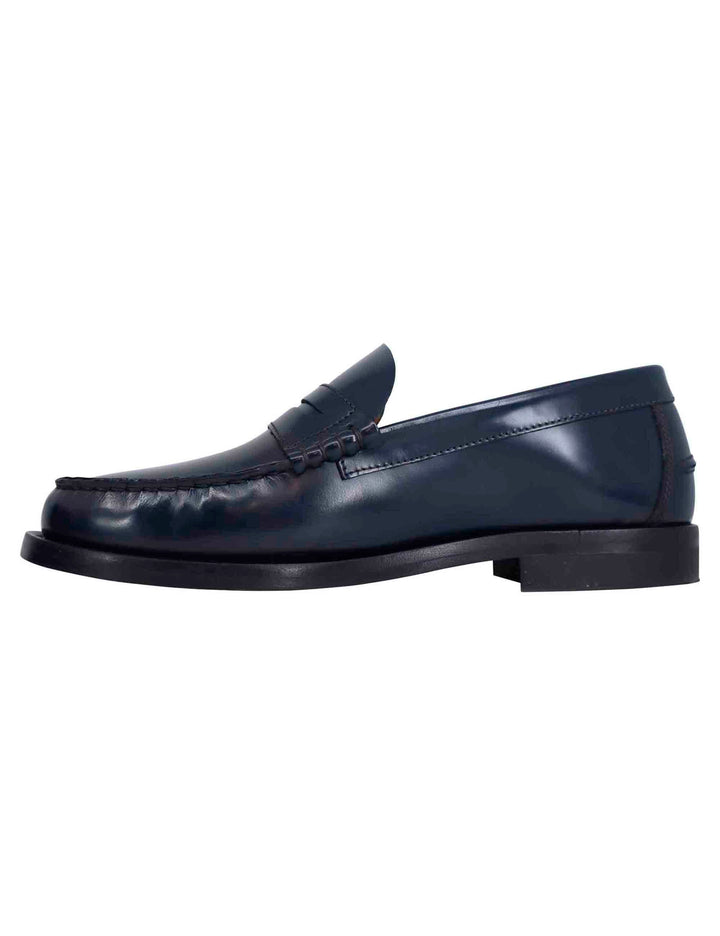 Spatarella Mocassini uomo in pelle blu con suola in cuoio cucita Moda