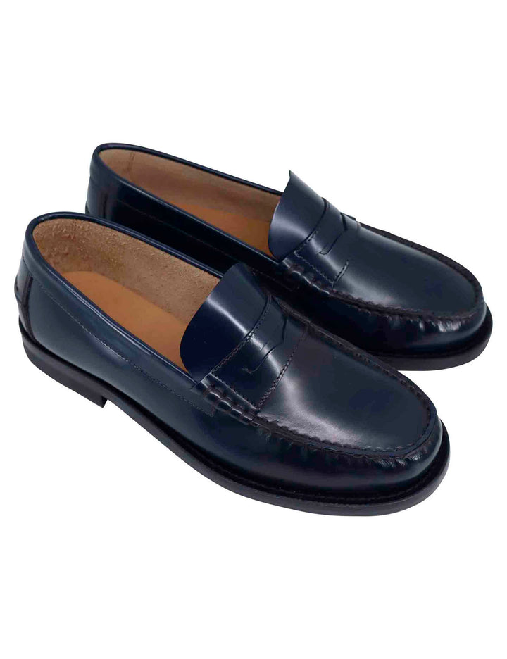 Spatarella Mocassini uomo in pelle blu con suola in cuoio cucita Moda
