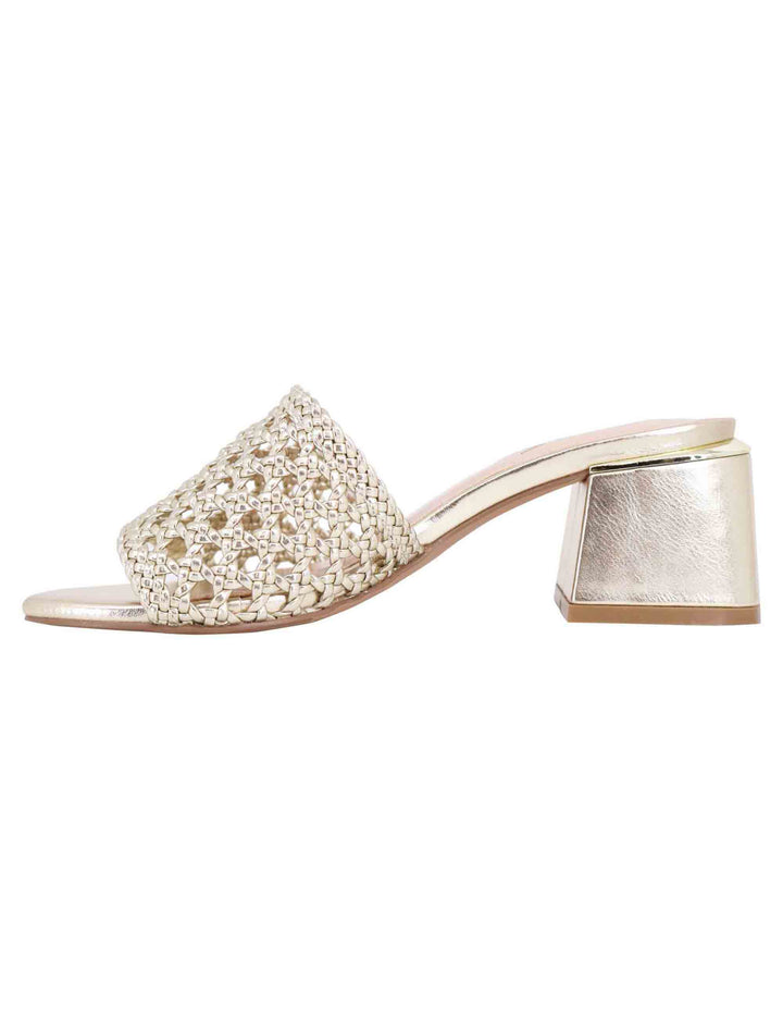 Spatarella Sandali donna in eco pelle oro intrecciata con punta quadra Presa