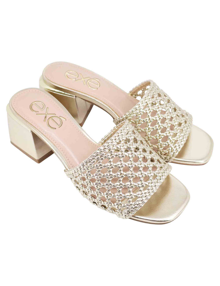 Spatarella Sandali donna in eco pelle oro intrecciata con punta quadra Presa