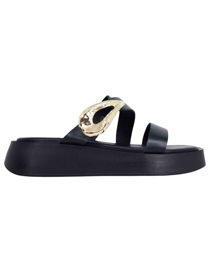 Spatarella Sandali donna in pelle nera con accessorio oro e zeppa in gomma Offerta