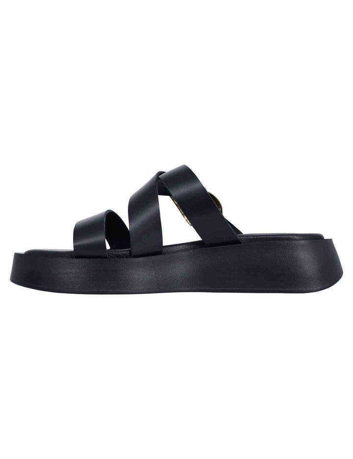 Spatarella Sandali donna in pelle nera con accessorio oro e zeppa in gomma Offerta