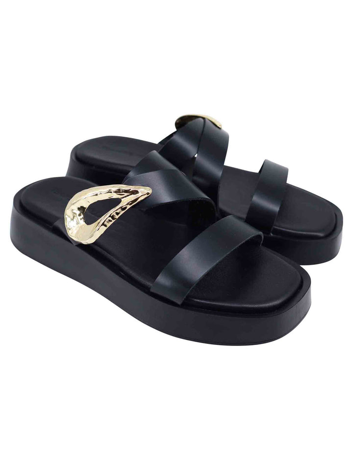 Spatarella Sandali donna in pelle nera con accessorio oro e zeppa in gomma Offerta