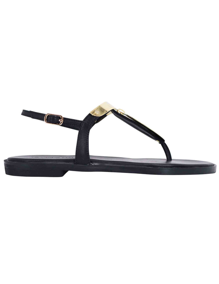 Spatarella Sandali bassi donna infradito in pelle nera con placche in oro Outlet