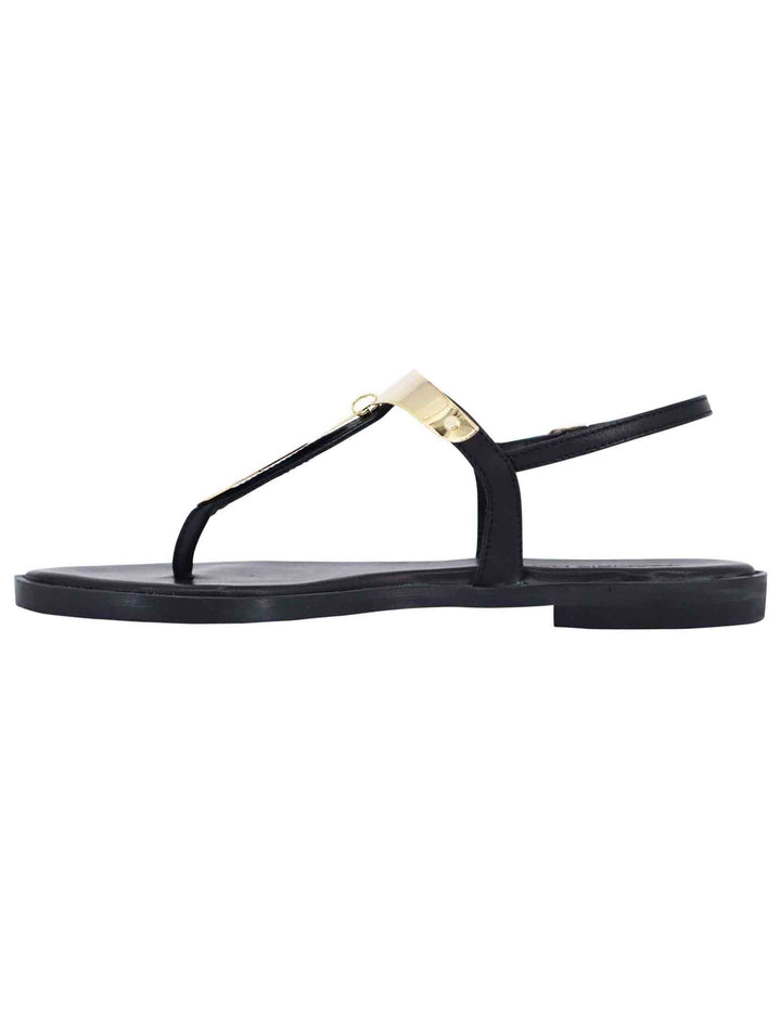 Spatarella Sandali bassi donna infradito in pelle nera con placche in oro Outlet
