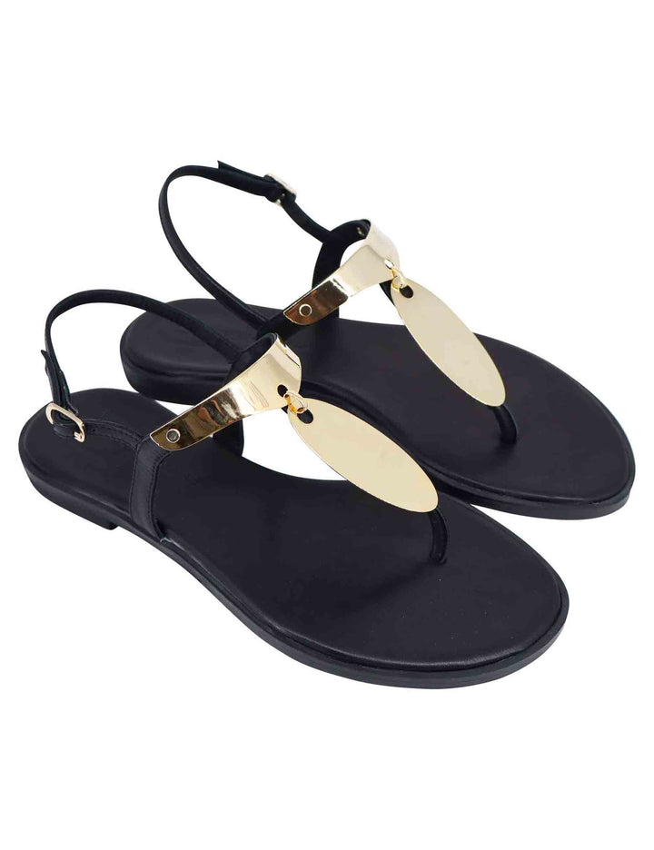 Spatarella Sandali bassi donna infradito in pelle nera con placche in oro Outlet