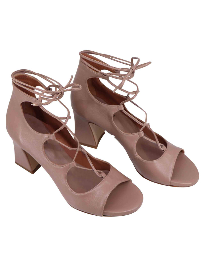 Spatarella Sandali donna in pelle beige con lacci alla caviglia e tallone chiuso Vendita Calda