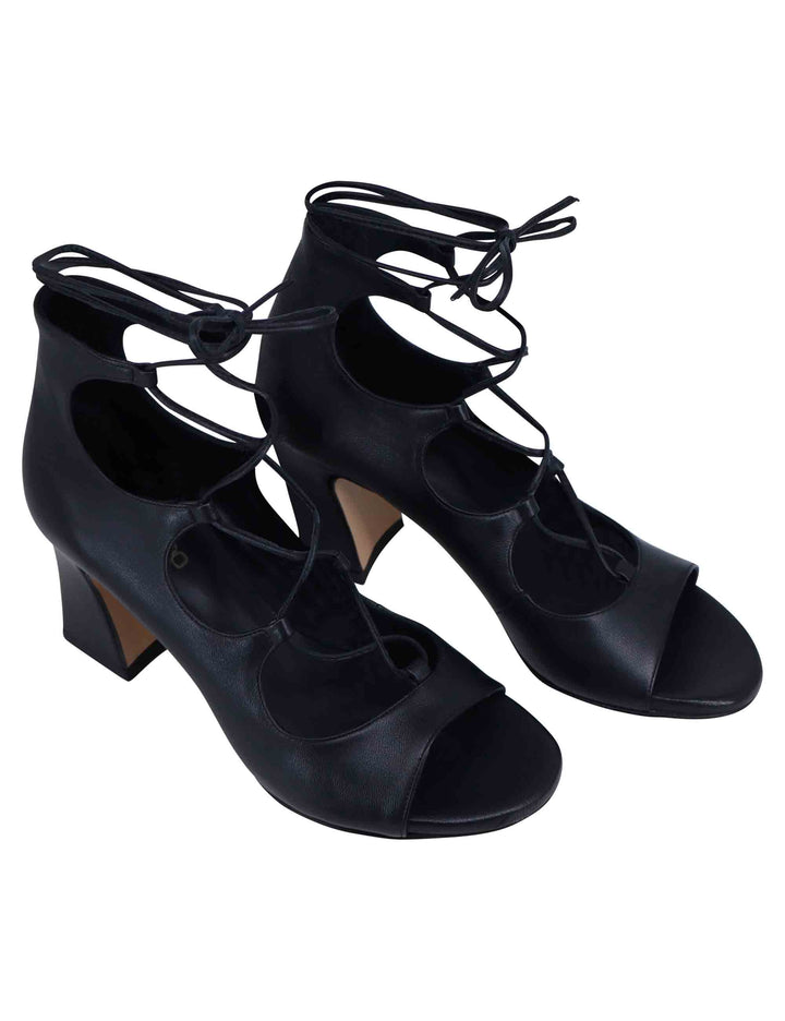 Spatarella Sandali donna in pelle nera con lacci alla caviglia e tallone chiuso Saldi Di Fabbrica