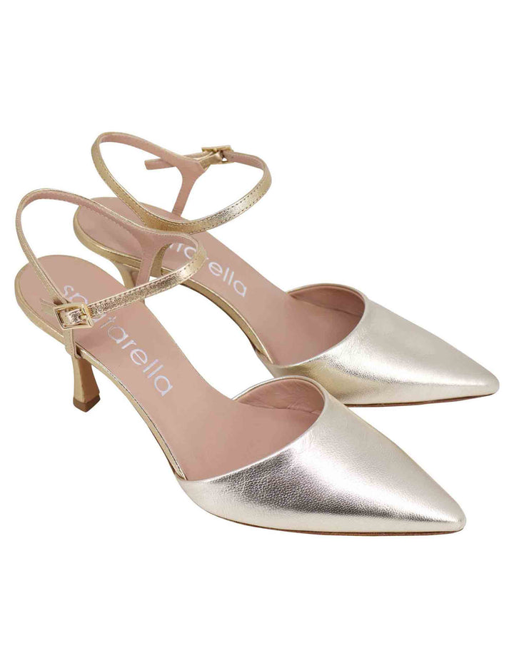 Spatarella Sandali donna in pelle laminata argento e platino con tacco alto e cinturino alla caviglia Negozio