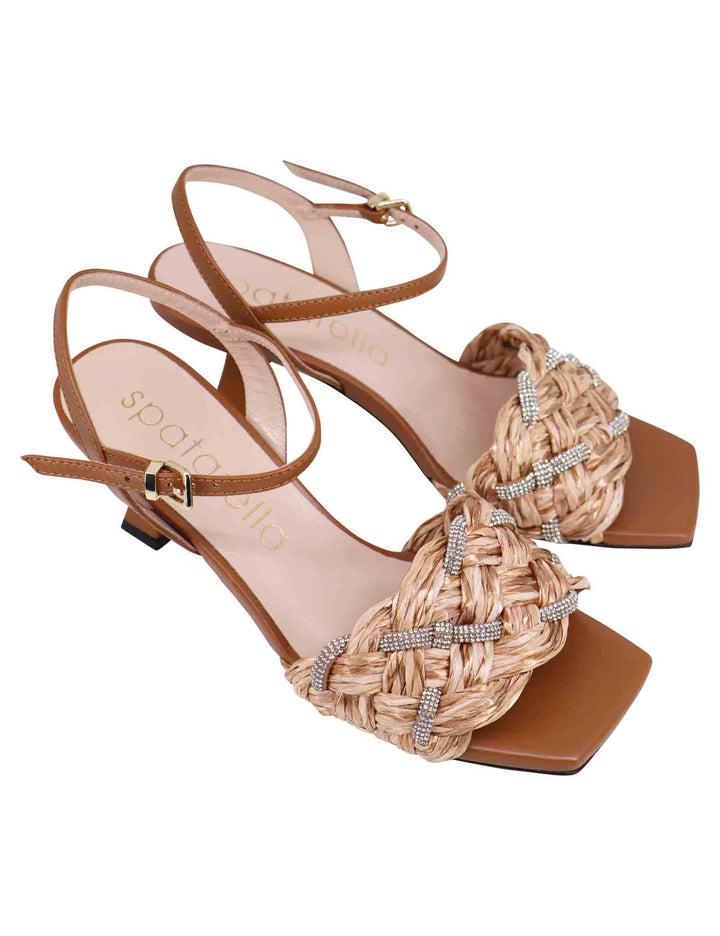 Spatarella Sandali donna in pelle cuoio con raffia e strass a tacco alto In Saldo