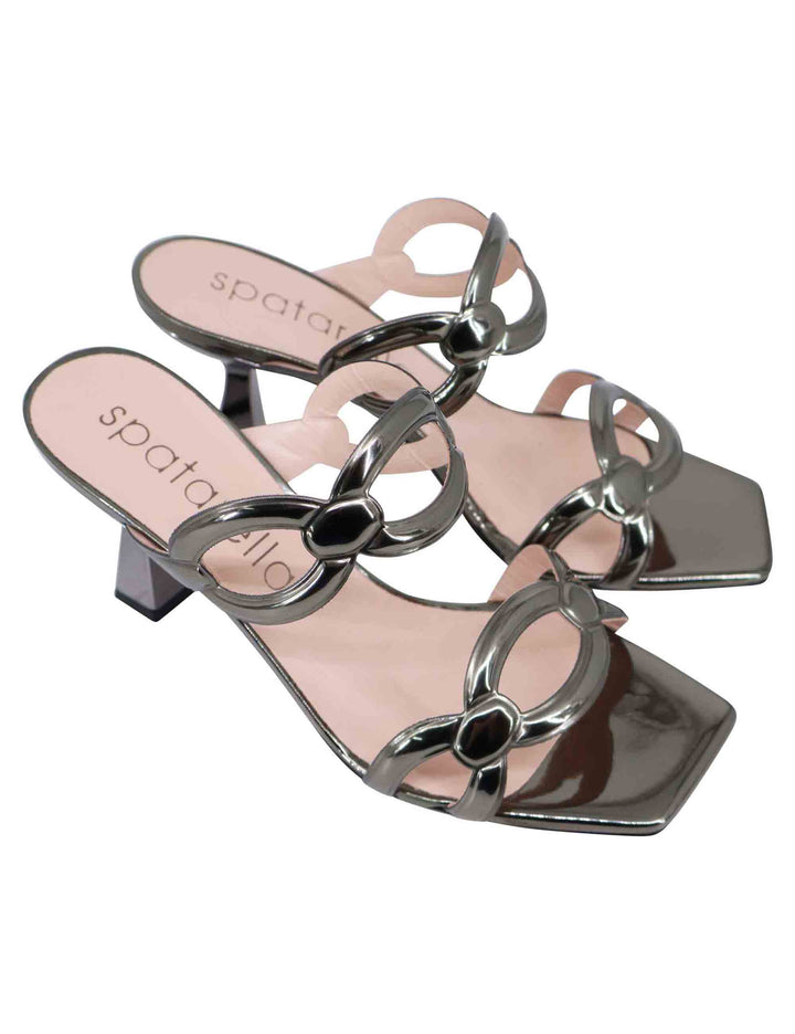 Spatarella Sandali donna in pelle laminata grigia con tacco alto e punta quadra Nuova