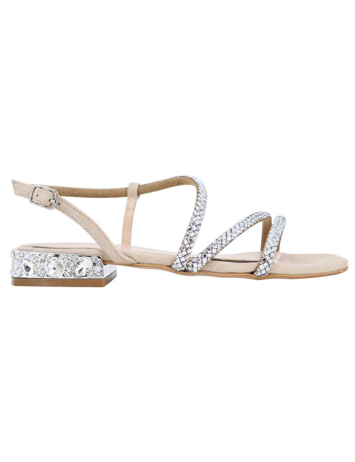 Spatarella Sandali bassi slingback donna in camoscio beige con strass e tacco gioiello Moda