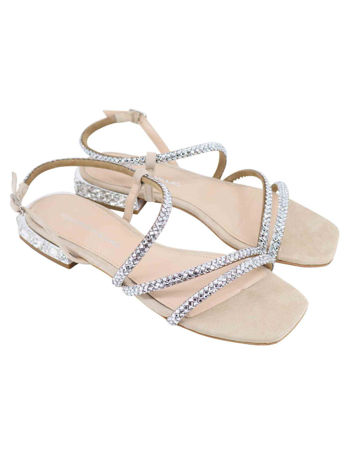 Spatarella Sandali bassi slingback donna in camoscio beige con strass e tacco gioiello Moda
